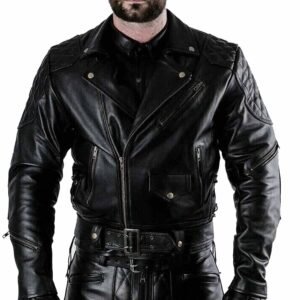 Men's Genioun Real Cowhide Leather Quilted Panels Bikers Jacket Thick Cow Leather BLUF Bikers Jacket