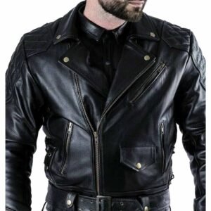 Men's Genioun Real Cowhide Leather Quilted Panels Bikers Jacket Thick Cow Leather BLUF Bikers Jacket