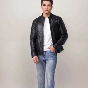 Men Club Night Classic Leather Jacket Genuine Leather Black Fashion Jacket Zipper Pockets
