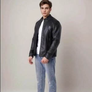 Men Club Night Classic Leather Jacket Genuine Leather Black Fashion Jacket Zipper Pockets
