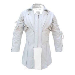 Mens Genioun Premium White Leather Goth Matrix Trench Coat Steampunk Gothic T18 WHITE