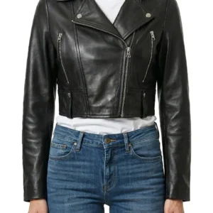 Colleen Women’s Cropped Black Biker Style Leather Jacket