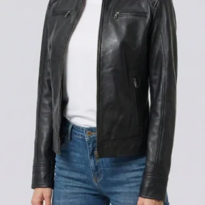 Dodge Women's Black Lambskin Biker Style Leather Jacket
