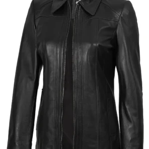 Marsha Women's Shirt-Collar Black Leather Car Coat