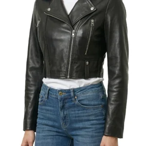 Colleen Women’s Cropped Black Biker Style Leather Jacket
