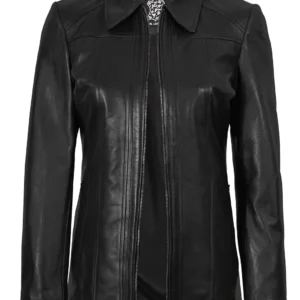 Marsha Women's Shirt-Collar Black Leather Car Coat